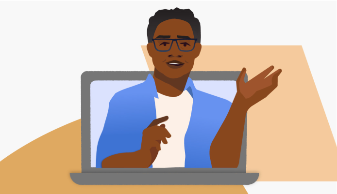 Illustration of a Black man talking at a virtual event