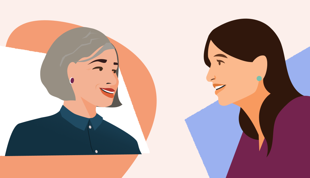 Illustration of two white women smiling and speaking together