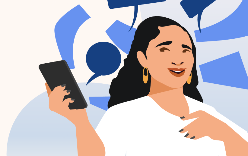 Illustration of an Asian woman smiling while holding a mobile phone Illustration of an Asian woman smiling while holding a mobile phone