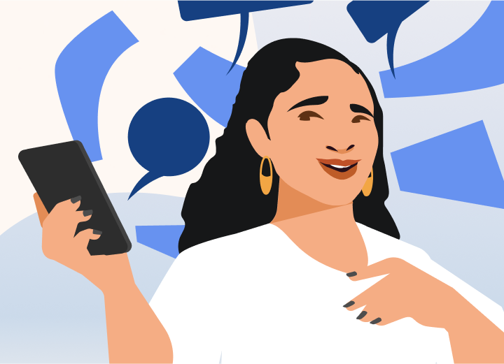 Ilustración de una mujer asiática sonriendo y con un teléfono móvil en la mano