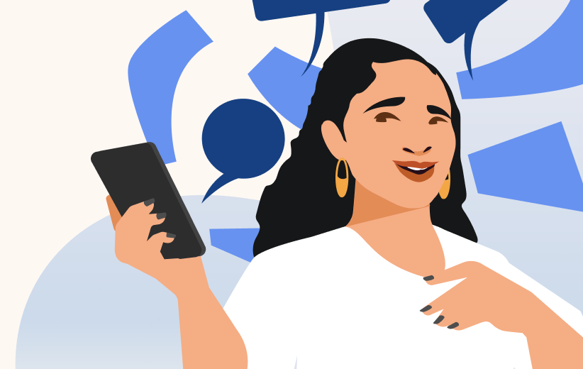Ilustración de una mujer asiática sonriendo con un teléfono móvil en la mano