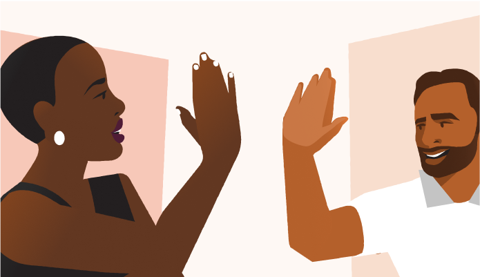 Illustrazione di un uomo di colore/origine latina e una donna di colore che si danno il cinque con dietro dei computer