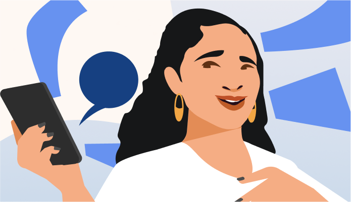 Illustrazione di una donna asiatica sorridente mentre tiene in mano il cellulare Illustrazione di una donna asiatica sorridente mentre tiene in mano il cellulare