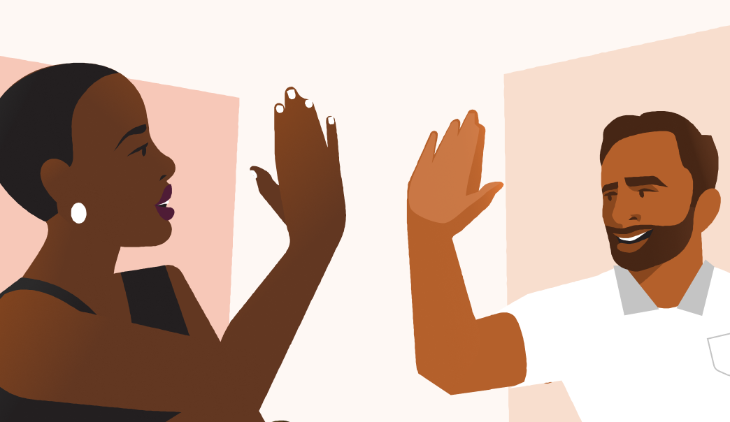 Ilustracja przedstawiająca komputery oraz mężczyznę czarnoskórego lub o latynoskim pochodzeniu i czarnoskórą kobietę przybijających sobie piątkę