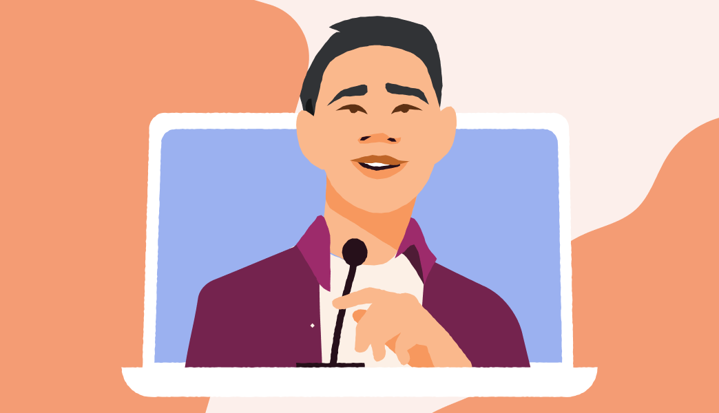 Ilustração de um homem asiático fazendo uma apresentação em um evento virtual.