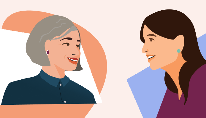 Ilustração de duas mulheres brancas sorrindo e falando juntas