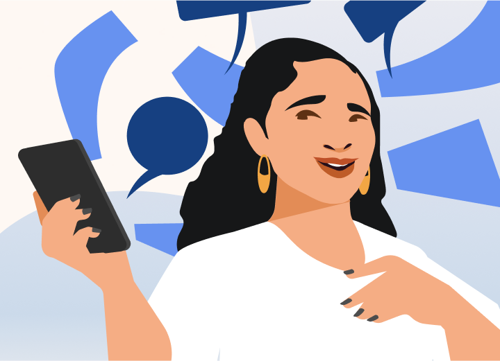 Ilustração de uma mulher asiática sorrindo enquanto segura um celular Ilustração de uma mulher asiática sorrindo enquanto segura um celular