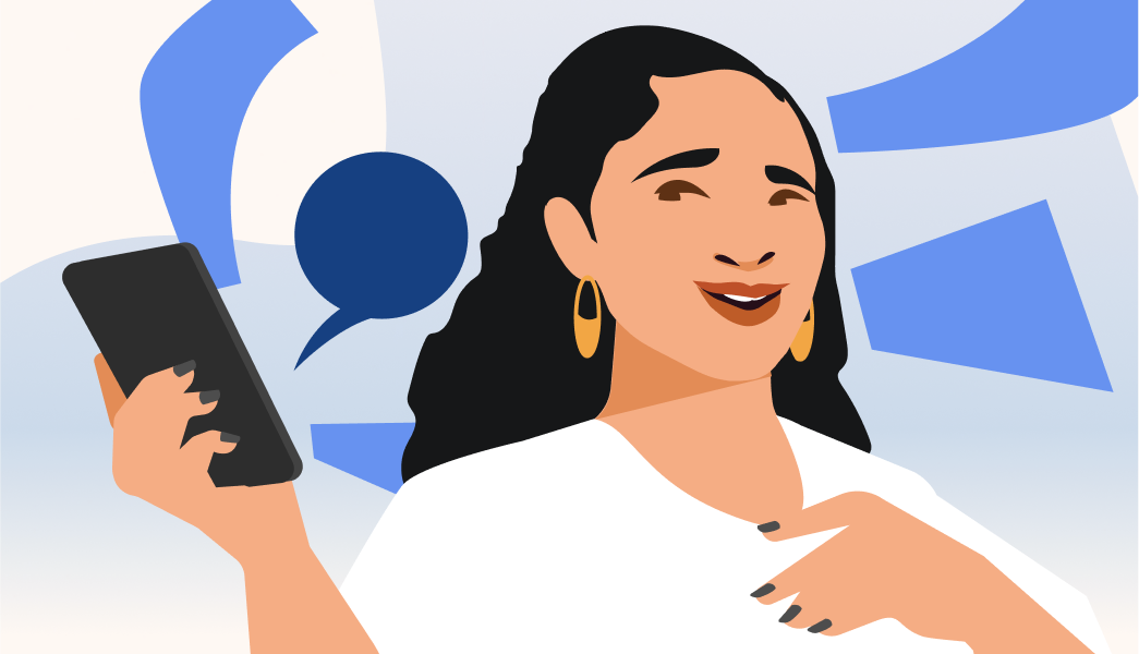 Ilustração de uma mulher asiática sorrindo enquanto segura um celular