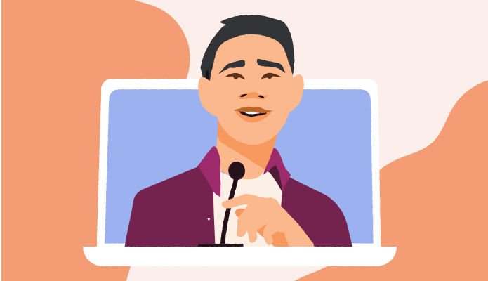 Illustration av en man som föreläser på ett virtuellt event. Illustration av en man som föreläser på ett virtuellt event.