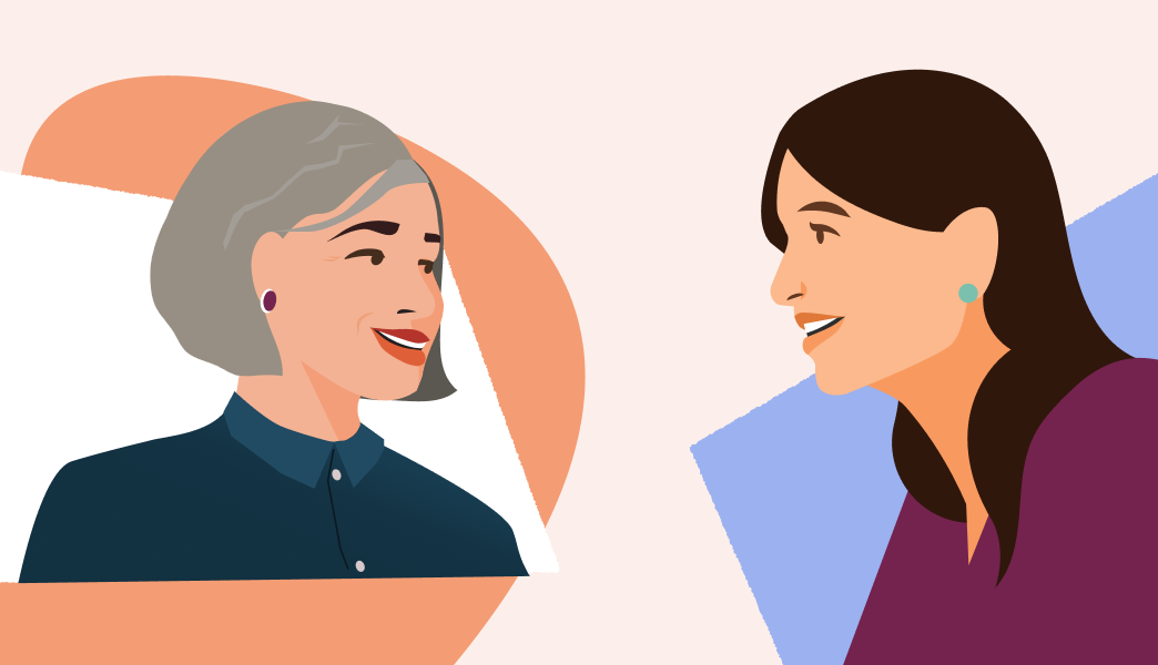 Illustration av två kvinnor som ler och pratar med varandra Illustration av två kvinnor som ler och pratar med varandra