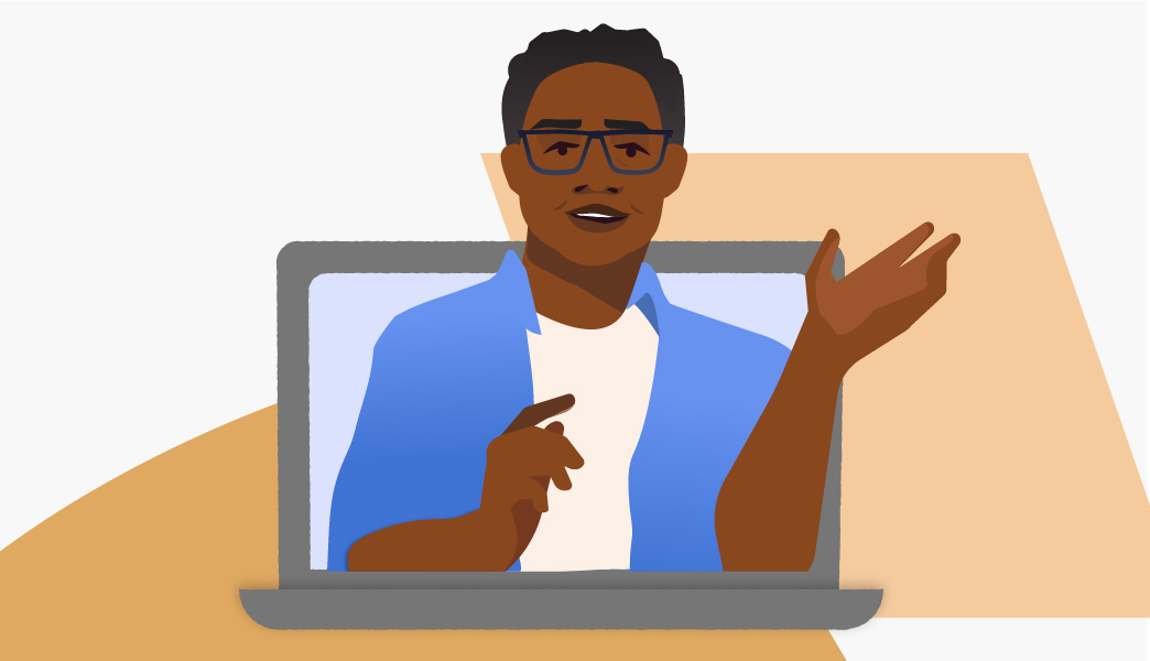 IndeedEvents-Jobseeker-JobCast-Desktop Illustration of a Black man talking at a virtual event